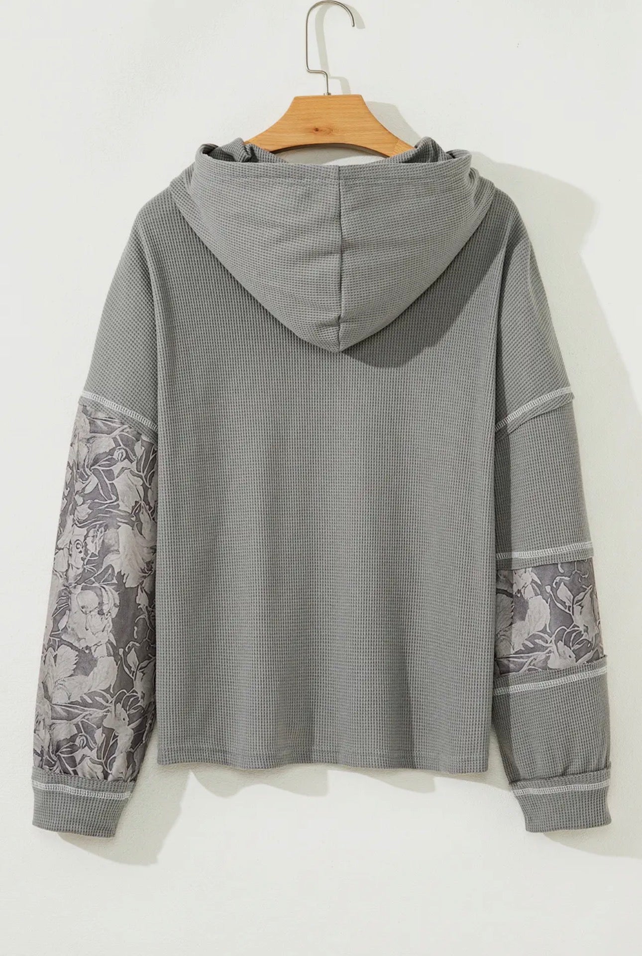 Waffle Patchwork Hooded Drawstring Top