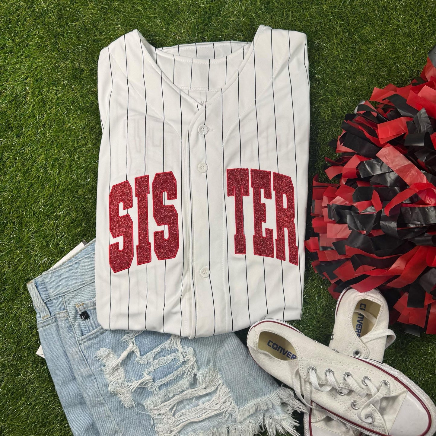 Button up pinstripe embroidered fan jersey