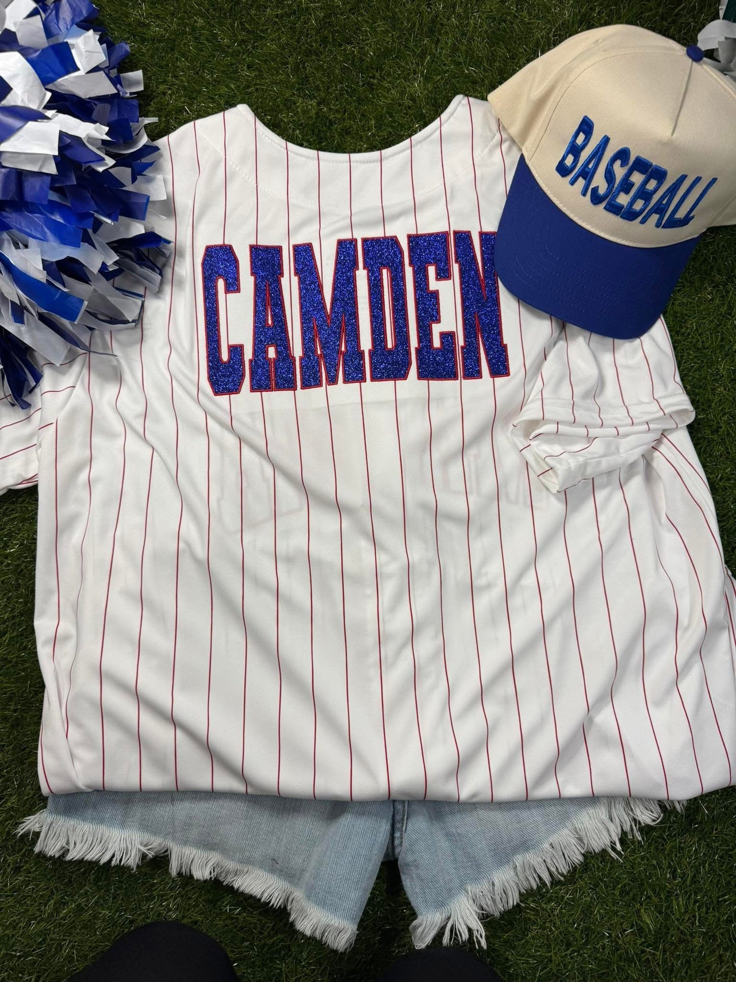 Button up pinstripe embroidered fan jersey