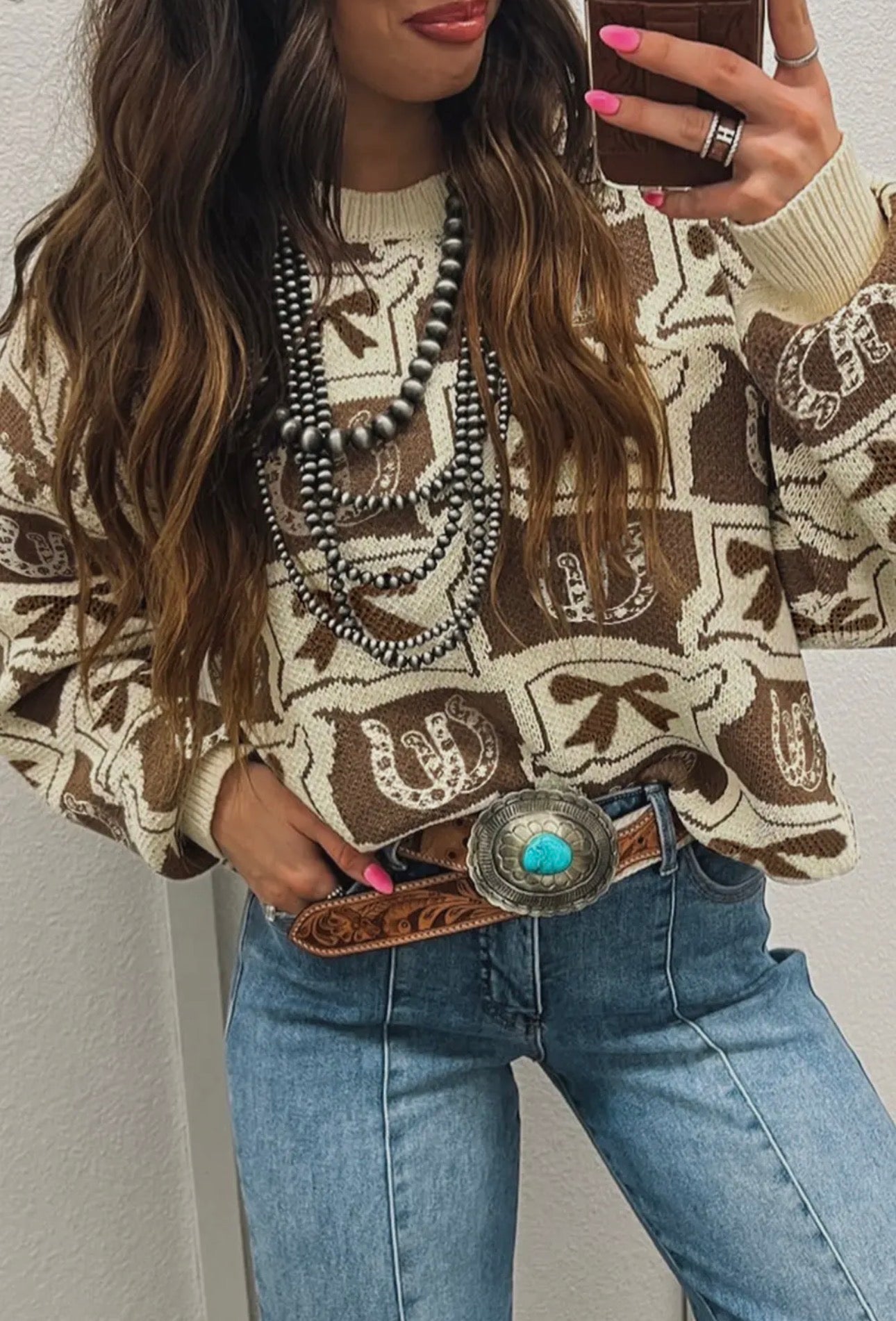 Bows Horseshoes Pattern Western Fashion Print Sweater