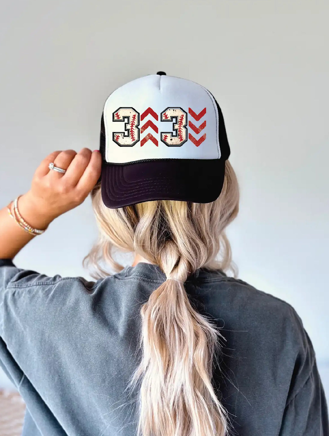 3 Up Baseball DTF Printed Black & White Foam Trucker Hat