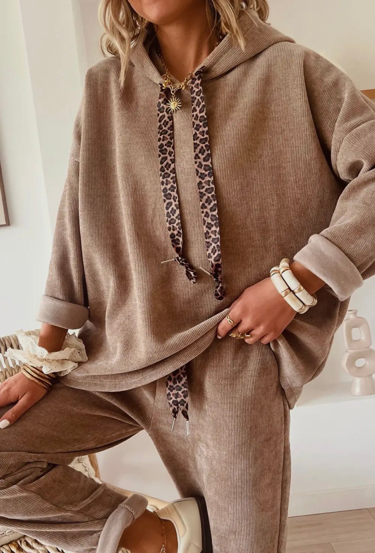 Drawstring Pullover Hoodie and High Waist Pants Corduroy Set