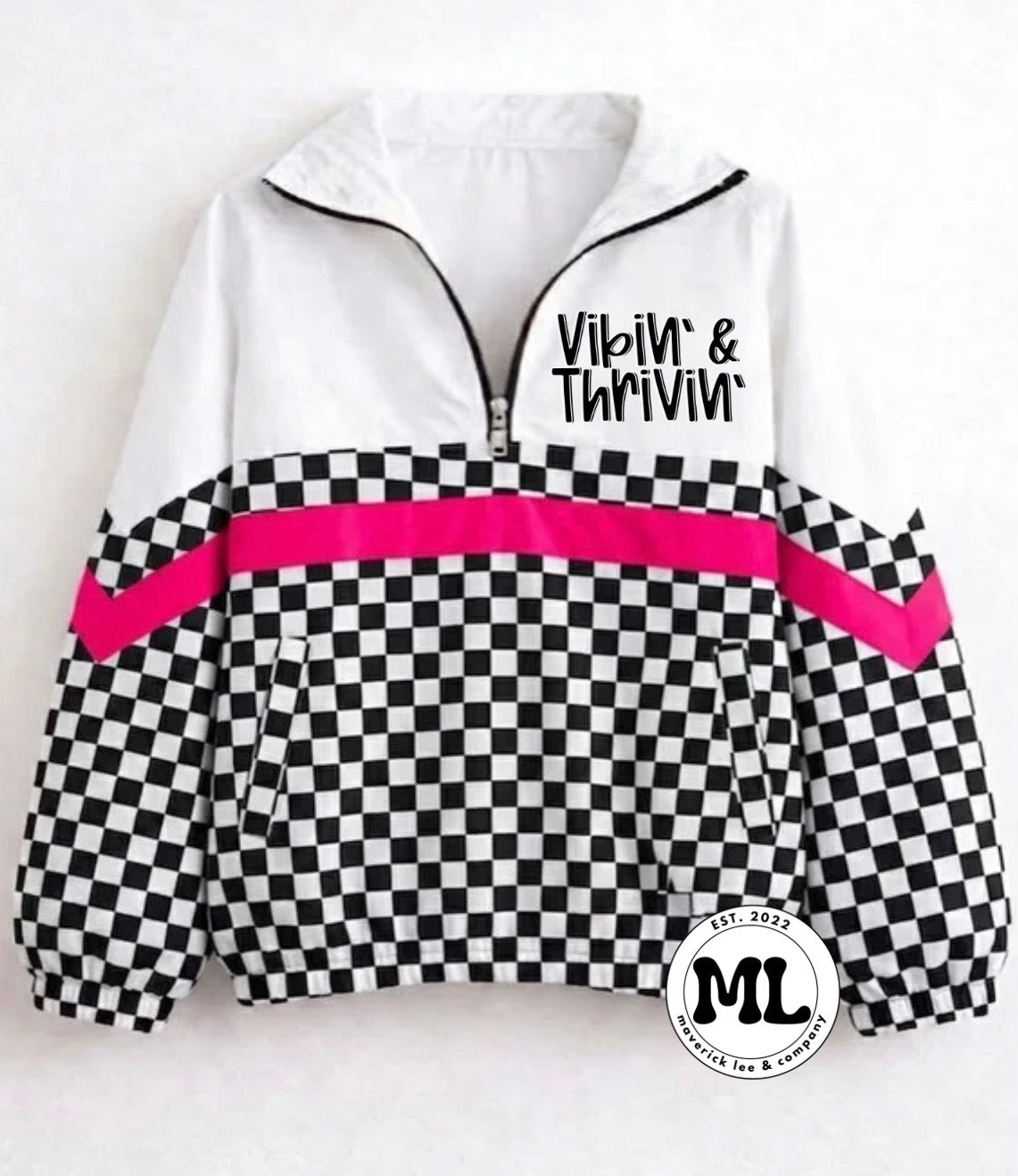 Quarter zip - vibin and thrivin- black checkered with pink stripe