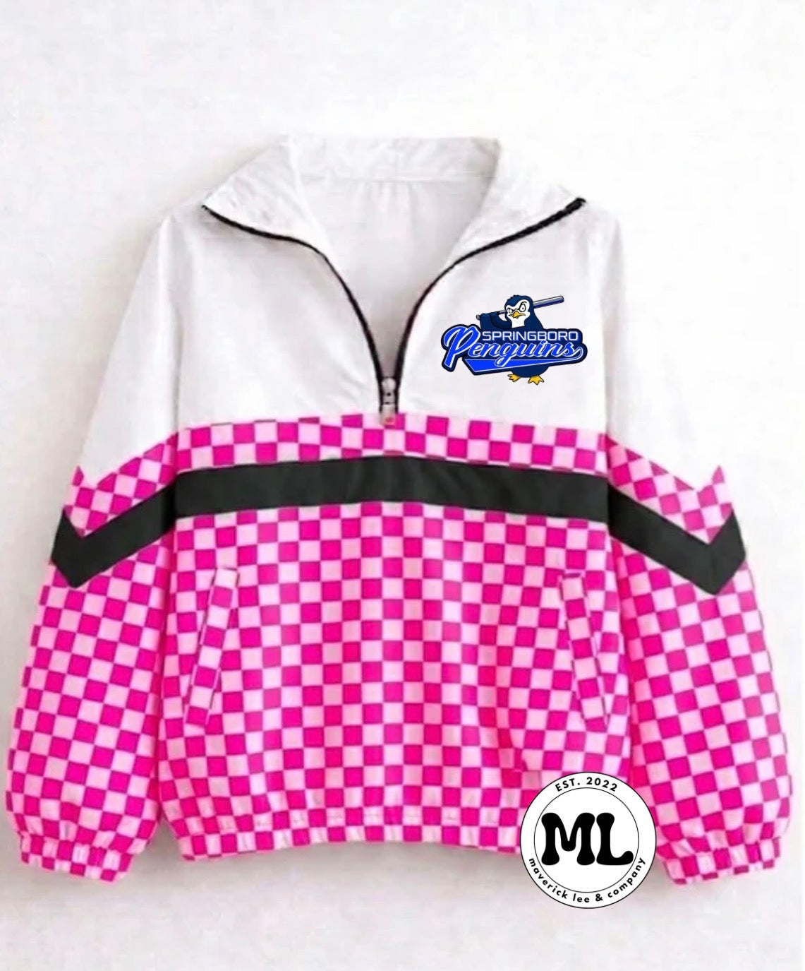 Quarter zip - Springboro penguins - pink checkered