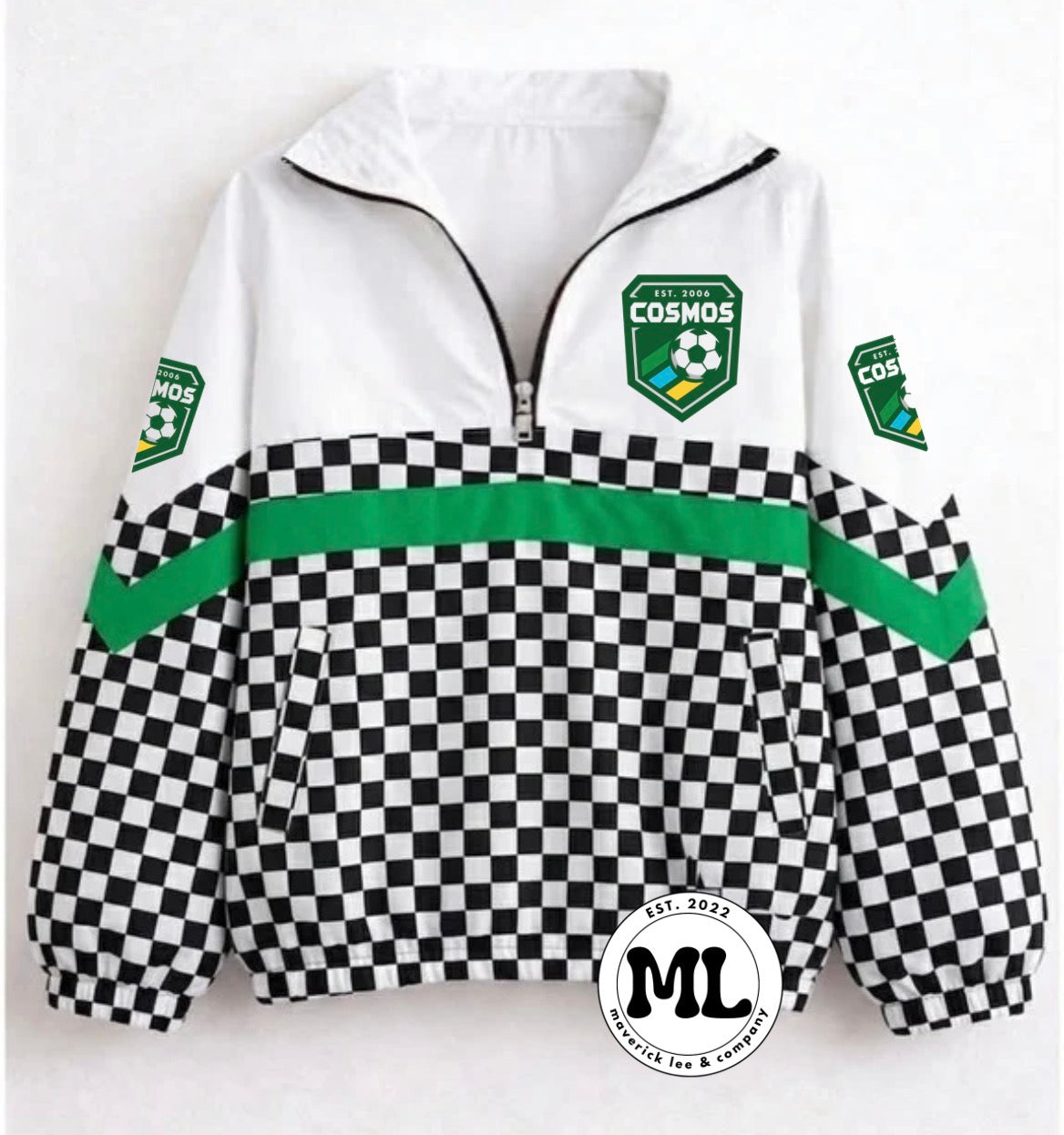 Quarter zip - Cosmos - new logo - checkered with green stripe
