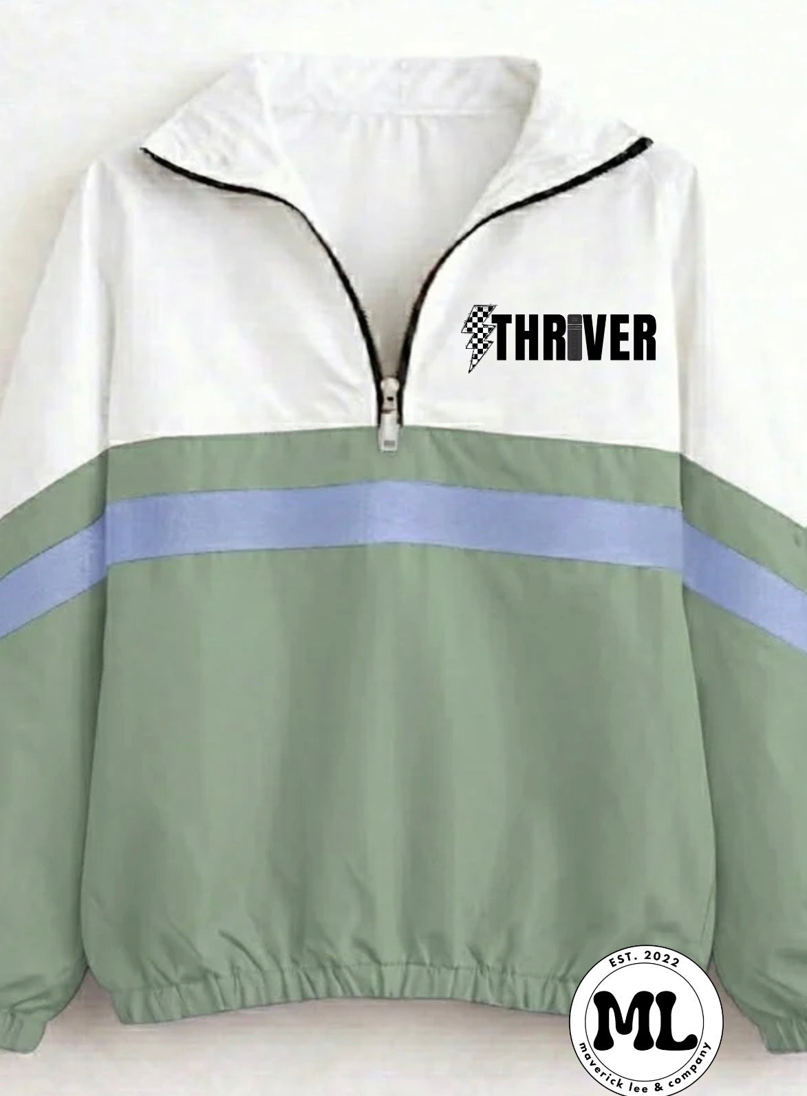 Quarter zip - Thriver bolt- sage with periwinkle stripe