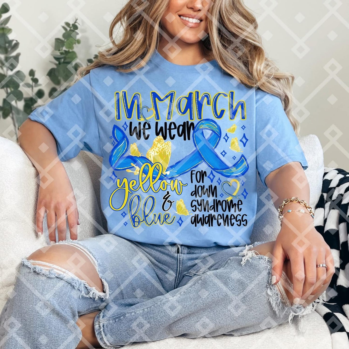 In March- we wear yellow and blue for down syndrome- black font