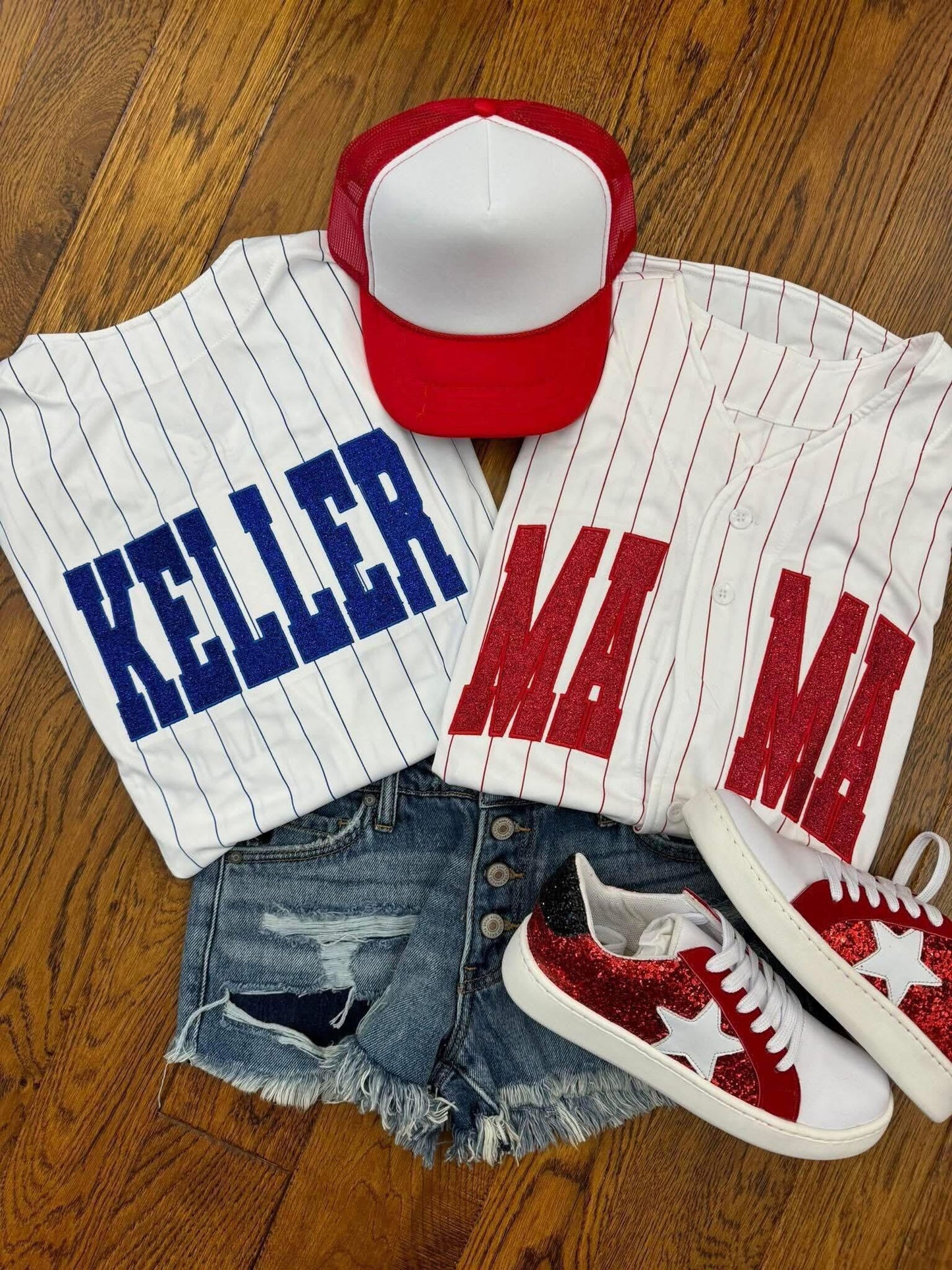 Button up pinstripe embroidered fan jersey
