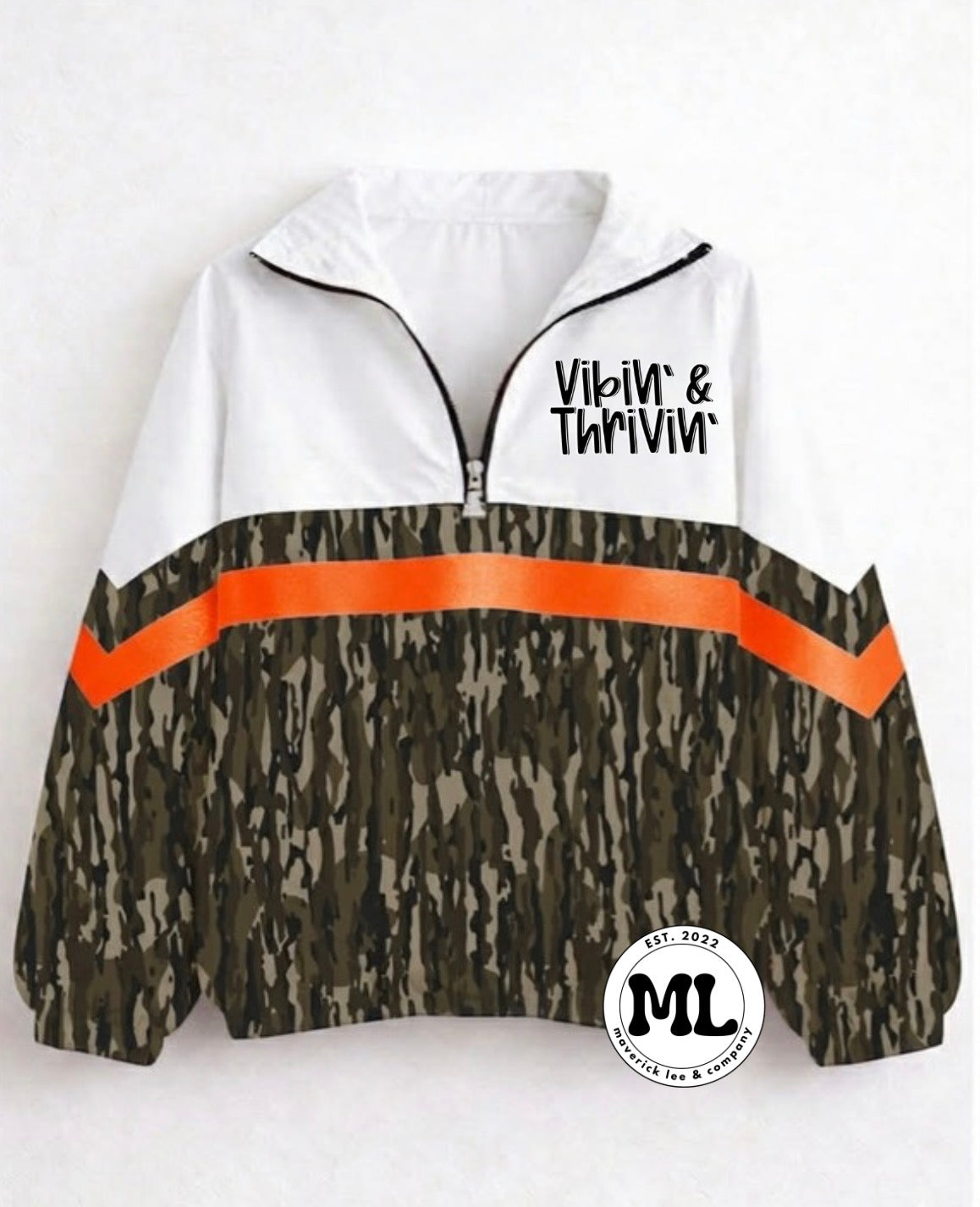 Quarter zip - vibin and thrivin- camo with orange stripe