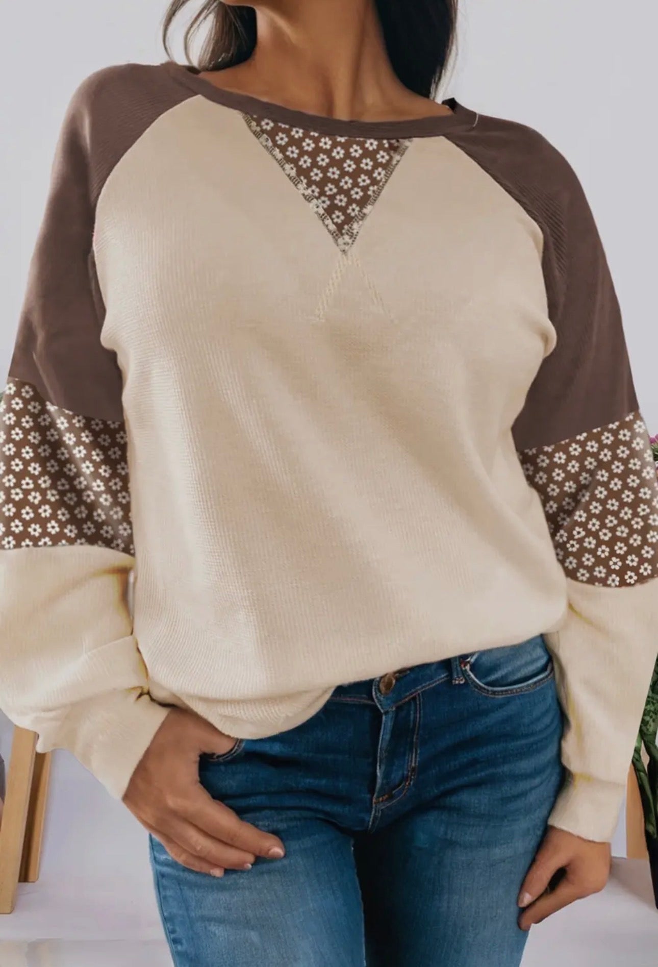 Floral Print Patchwork Color Block Long Sleeve Top