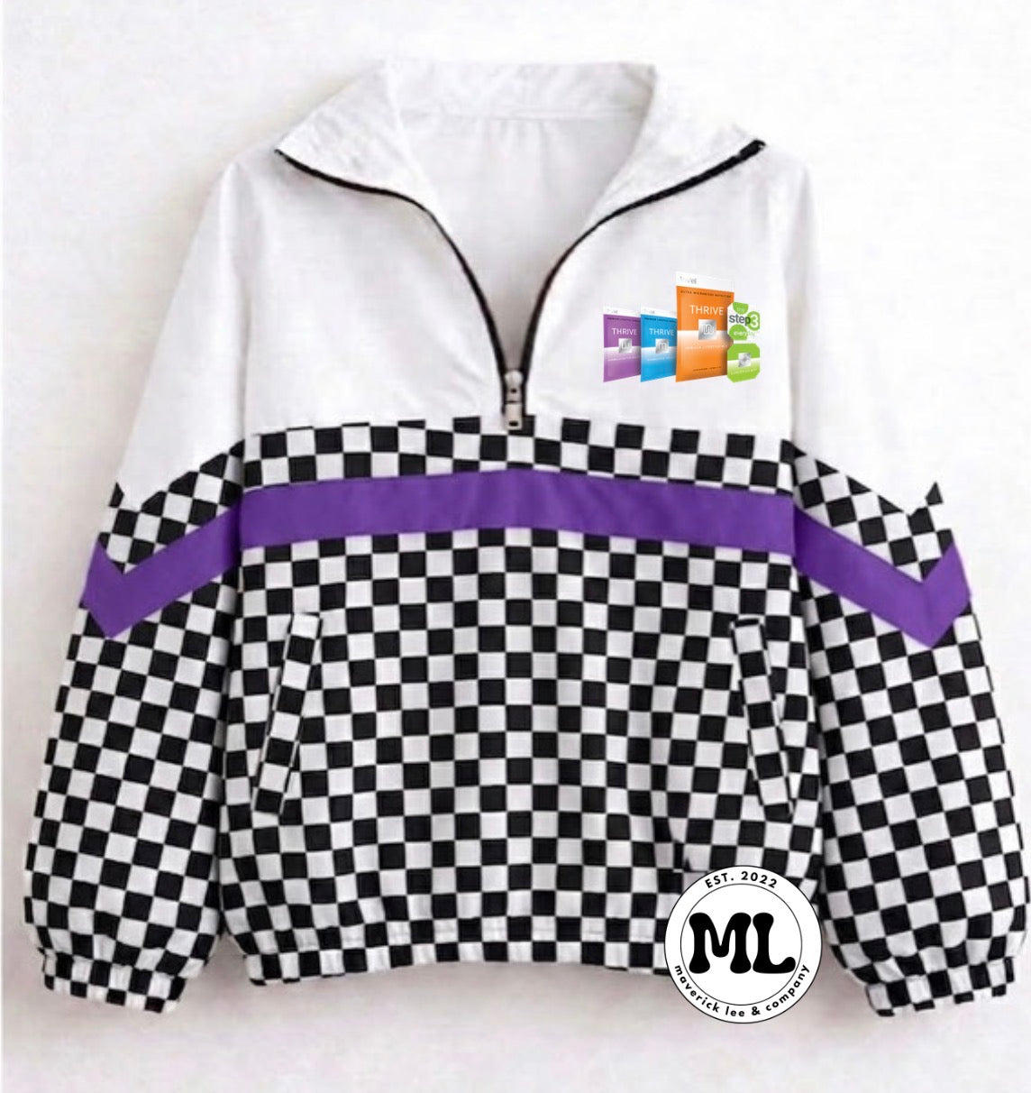 Quarter zip - Three steps- black and white checkered with purple stripe