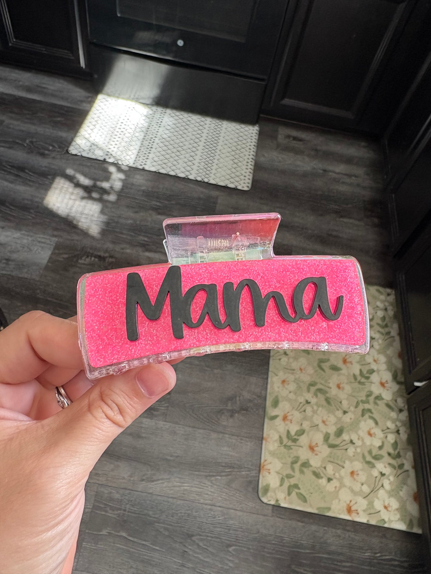 Pink glitter with black mama hair clip in stock