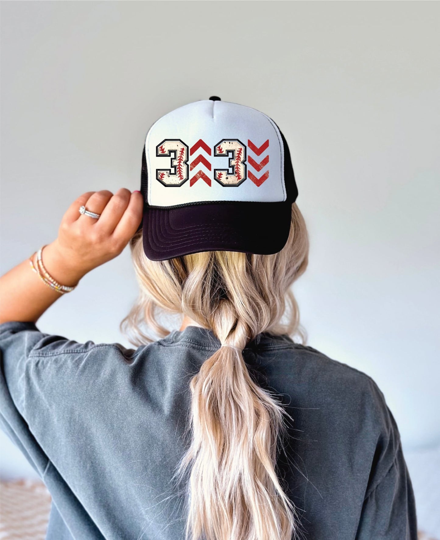 3 Up Baseball DTF Printed Black & White Foam Trucker Hat