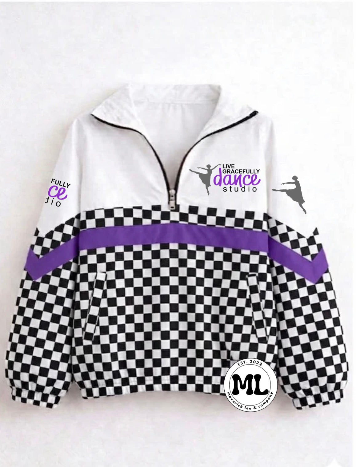 Quarter zip - Live Gracefully- black and white checkered with purple stripe
