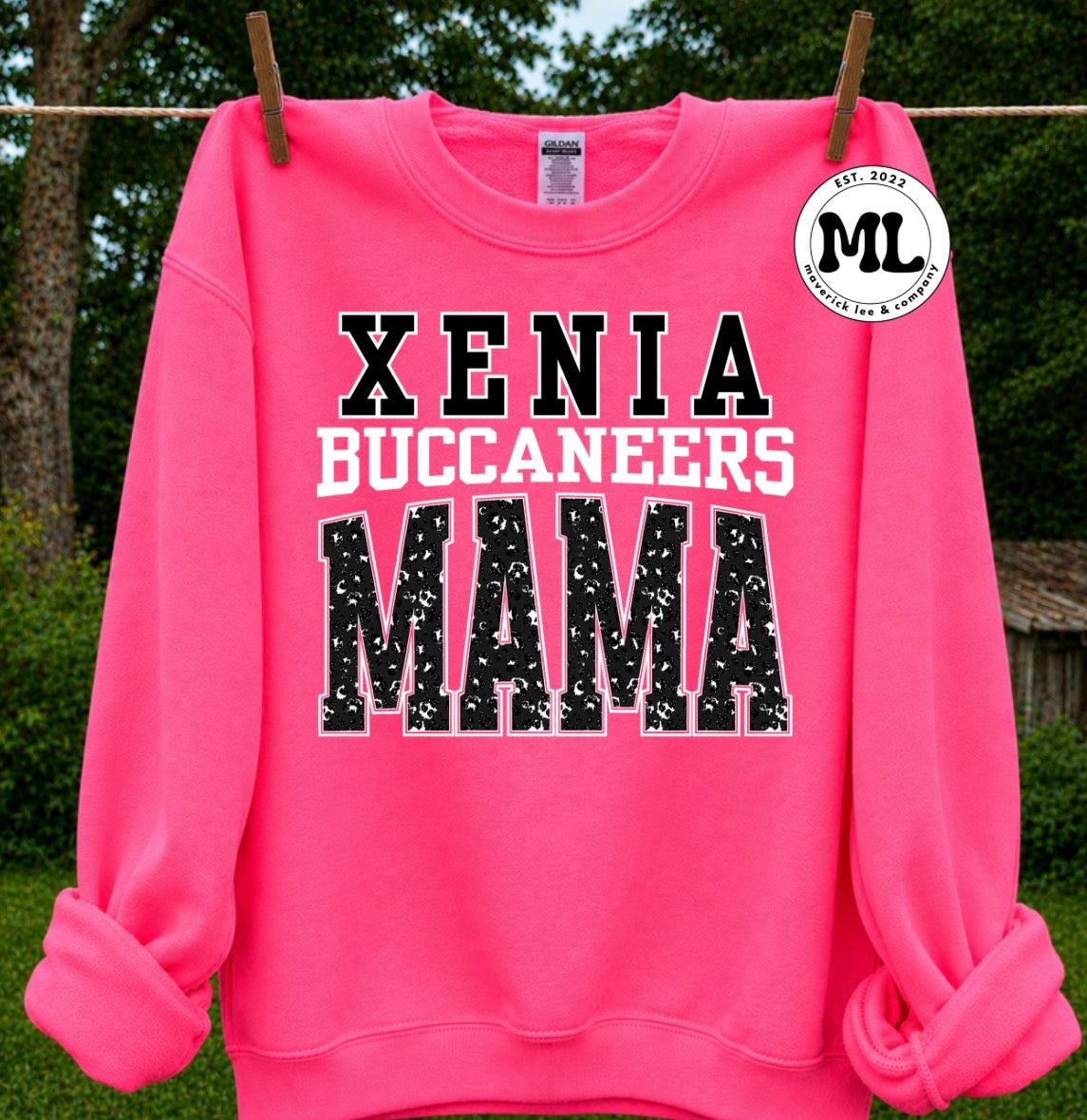 In stock pink out - Xenia Buccaneers cheetah Mama on Safety pink sweatshirt