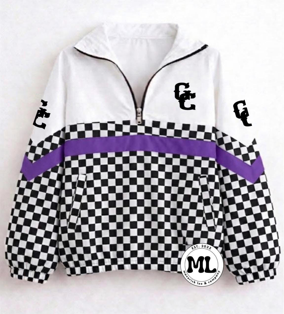 Quarter zip - Gem City Black logo - black and white checkered with purple stripe