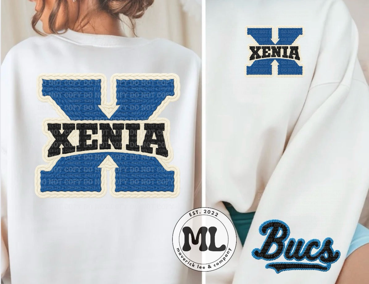 Xenia logo faux crochet - front pocket, full back and sleeve