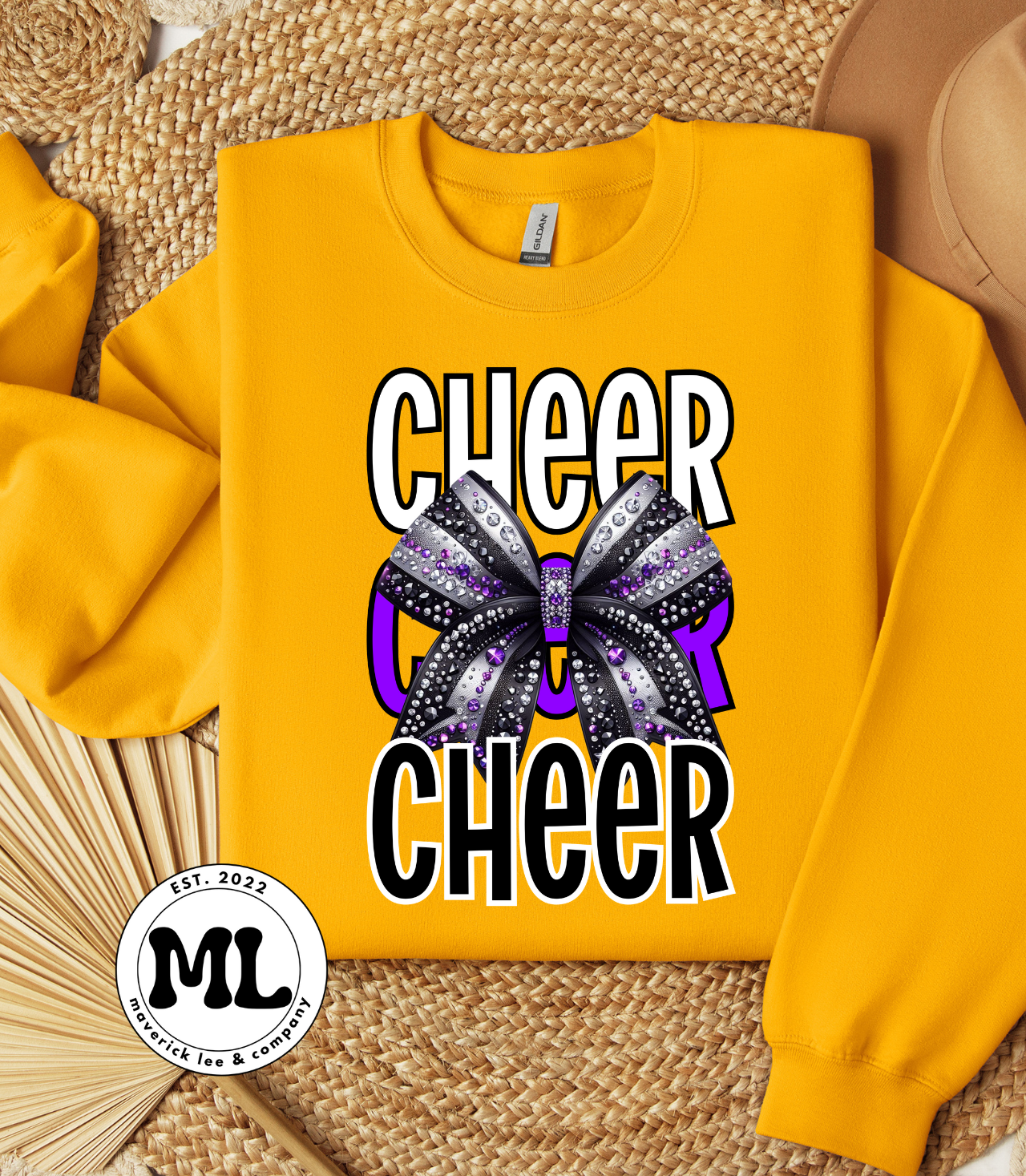 Rhinestone bow cheer – white/purple/black