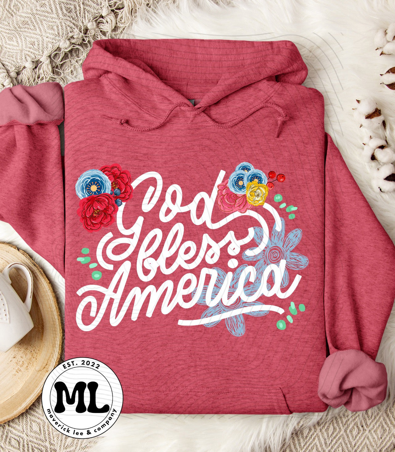 God bless America white cursive floral