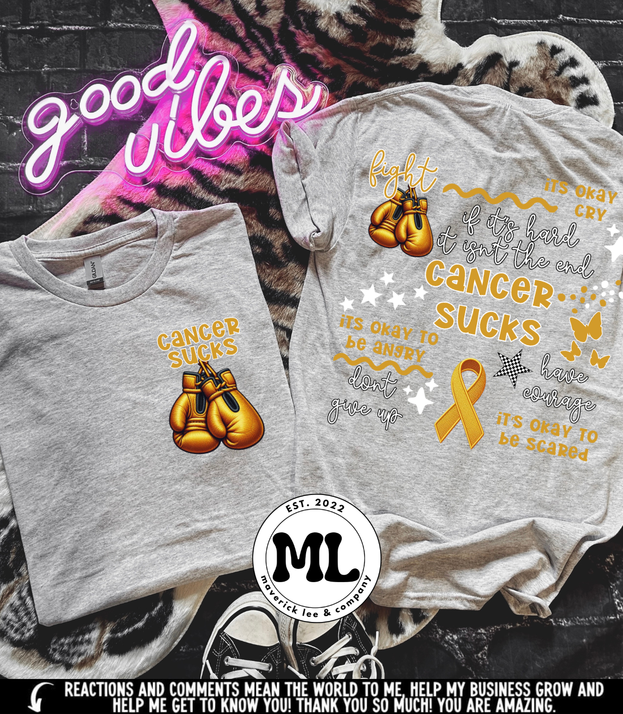 Cancer sucks – gold gloves front + back