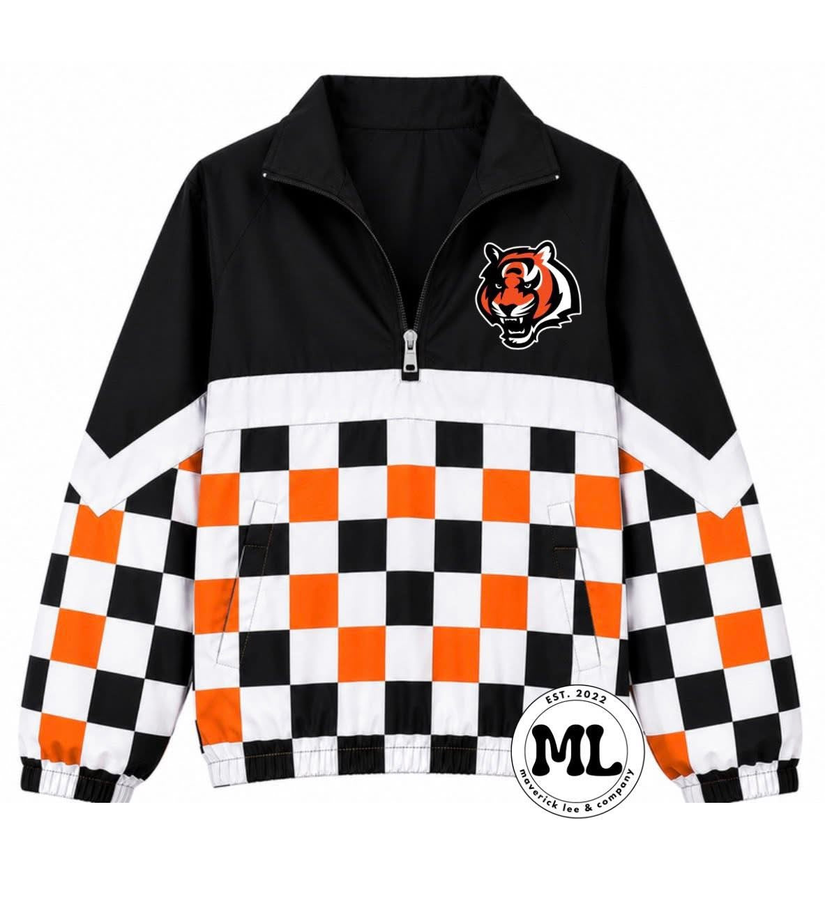 Quarter zip - Cincinnati - black top – white stripe – black orange and white check