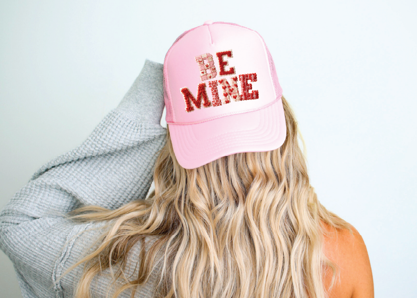 Be Mine Faux Yarn PRINT DTF Printed Light Pink Trucker Hat