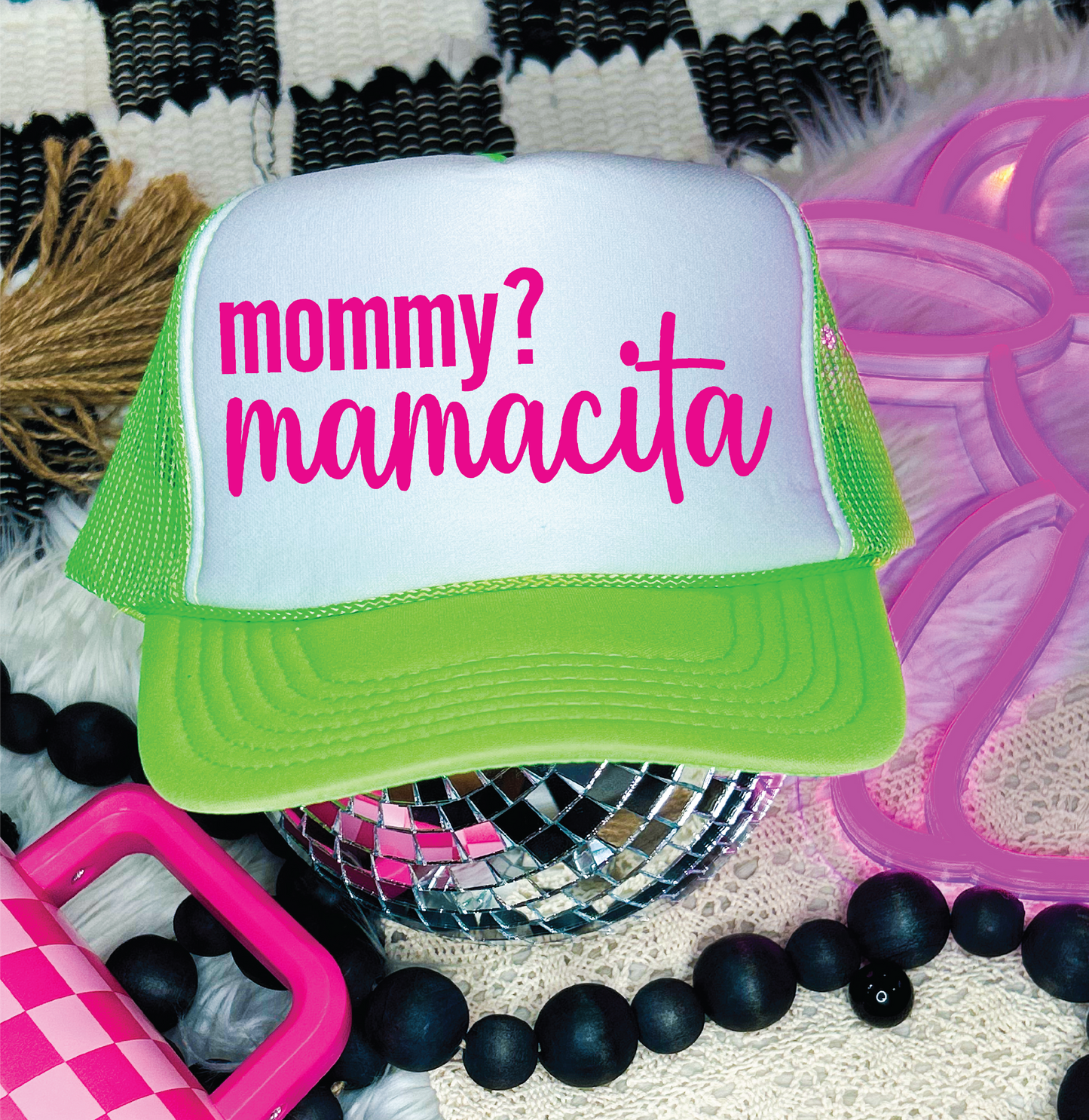Mommy? Mamacita DTF Printed Neon Green and White Trucker Hat