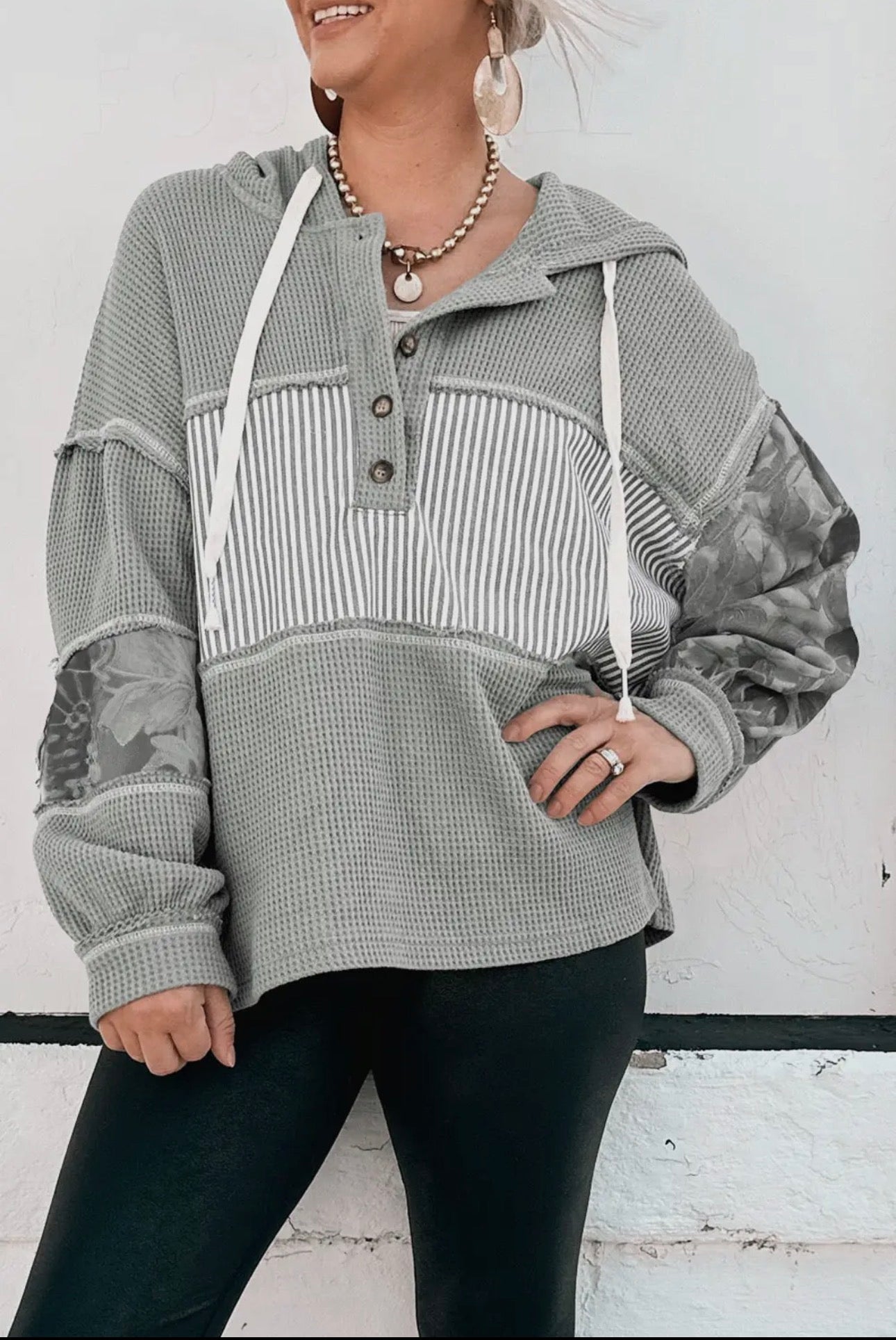 Waffle Patchwork Hooded Drawstring Top