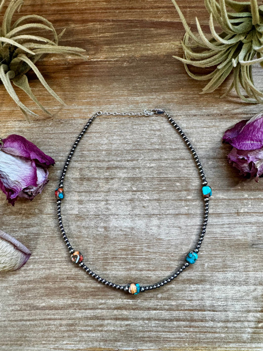 Mixed Turquoise & Spiny Oyster Necklace – 3mm Sterling Silver Pearls