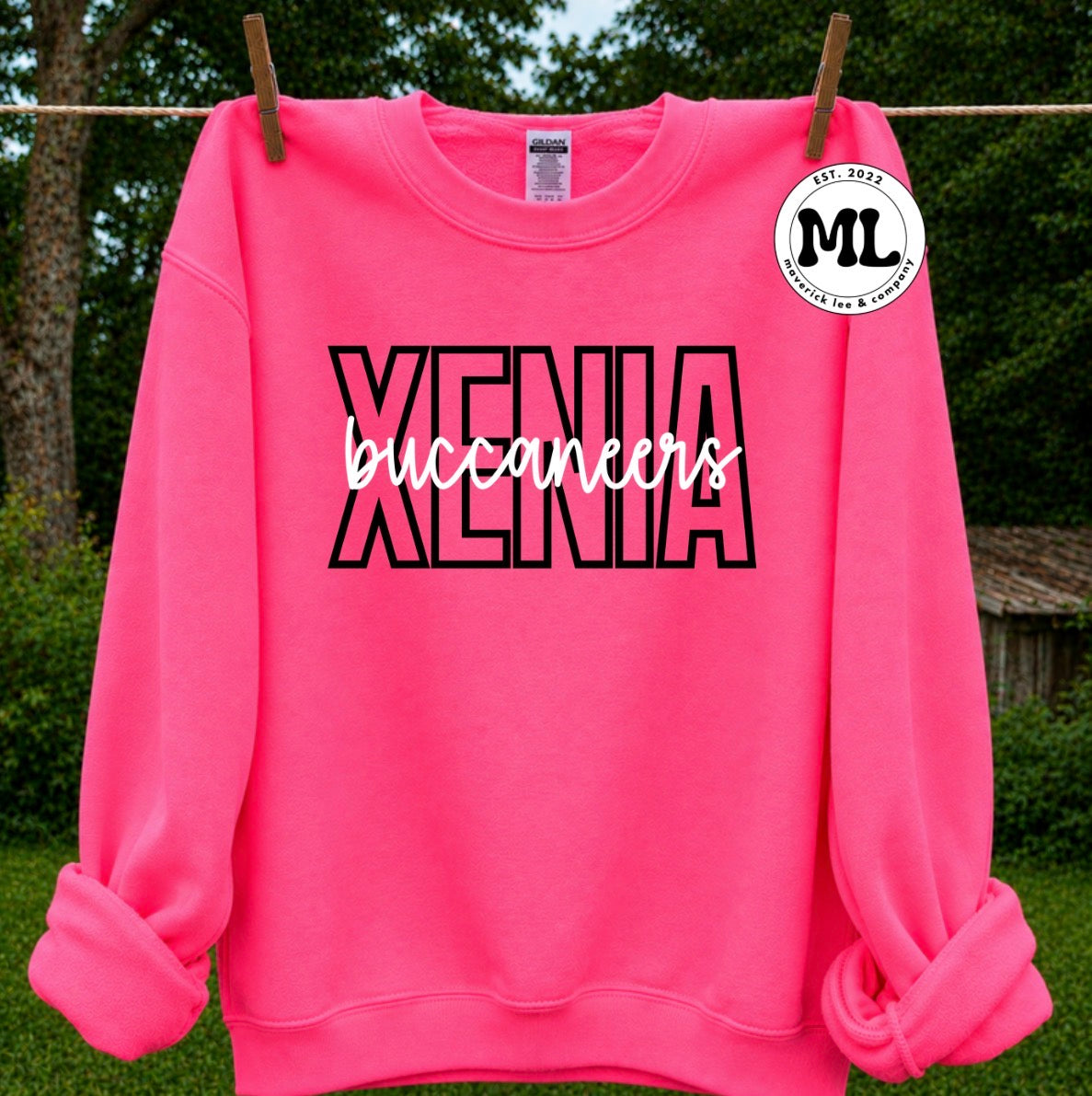 In stock pink out - Xenia outline on Safety pink sweatshirt