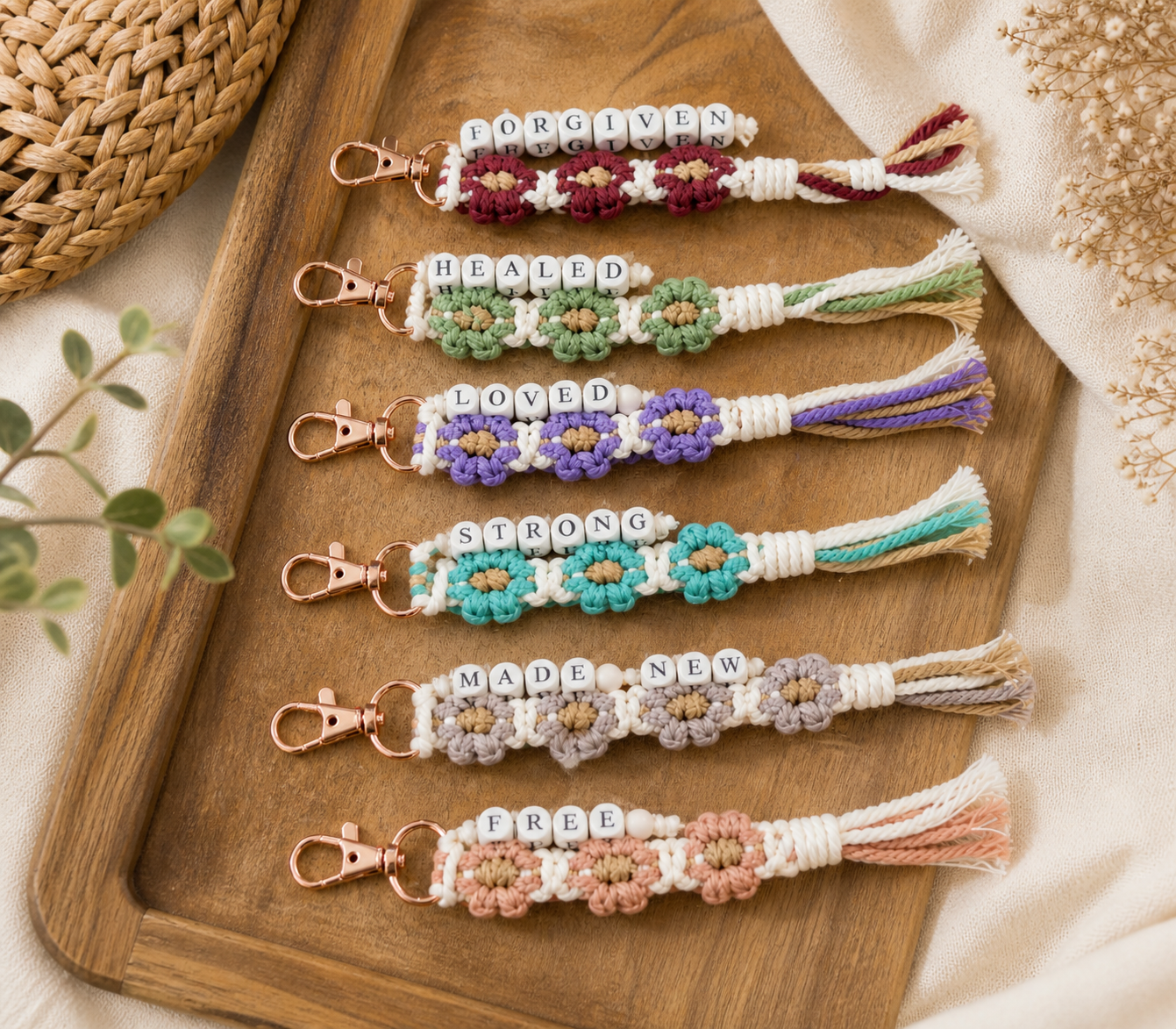 Christian Floral Beaded Keychain - Wooden Beaded Christian Keychain
