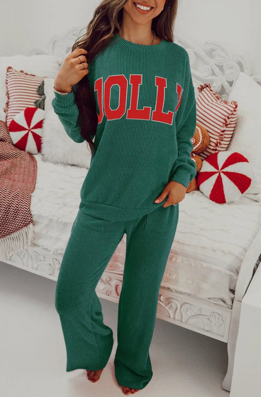 JOLLY Ribbed Knit Long Sleeve Top and Pants Set green