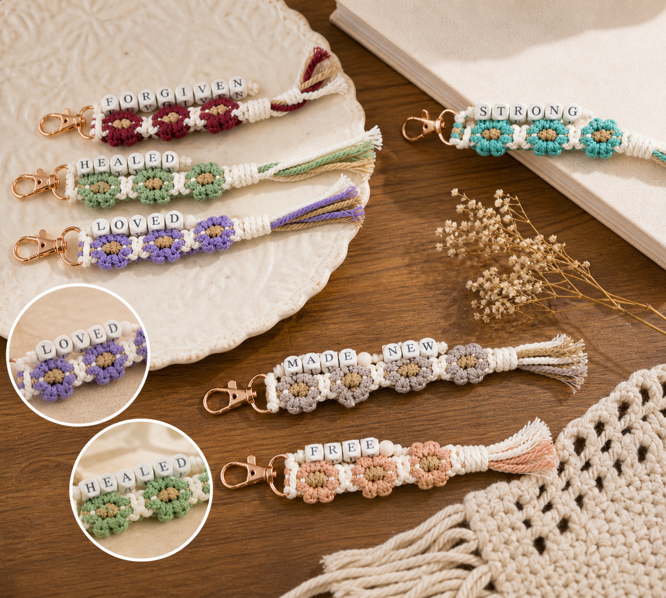 Christian Floral Beaded Keychain - Wooden Beaded Christian Keychain