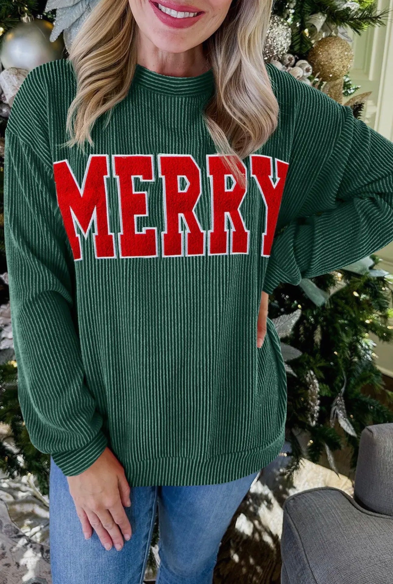 Twisted Rib Outlined Merry Letter Graphic Loose Long Sleeve Top green