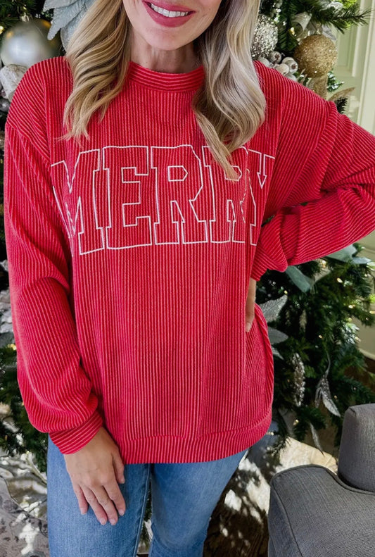 Twisted Rib Outlined Merry Letter Graphic Loose Long Sleeve Top