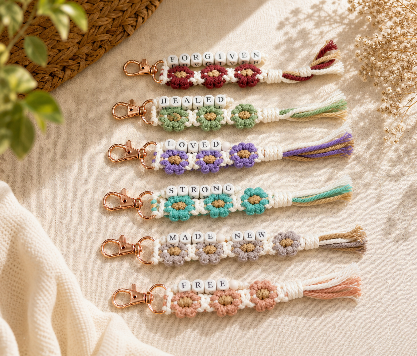Christian Floral Beaded Keychain - Wooden Beaded Christian Keychain