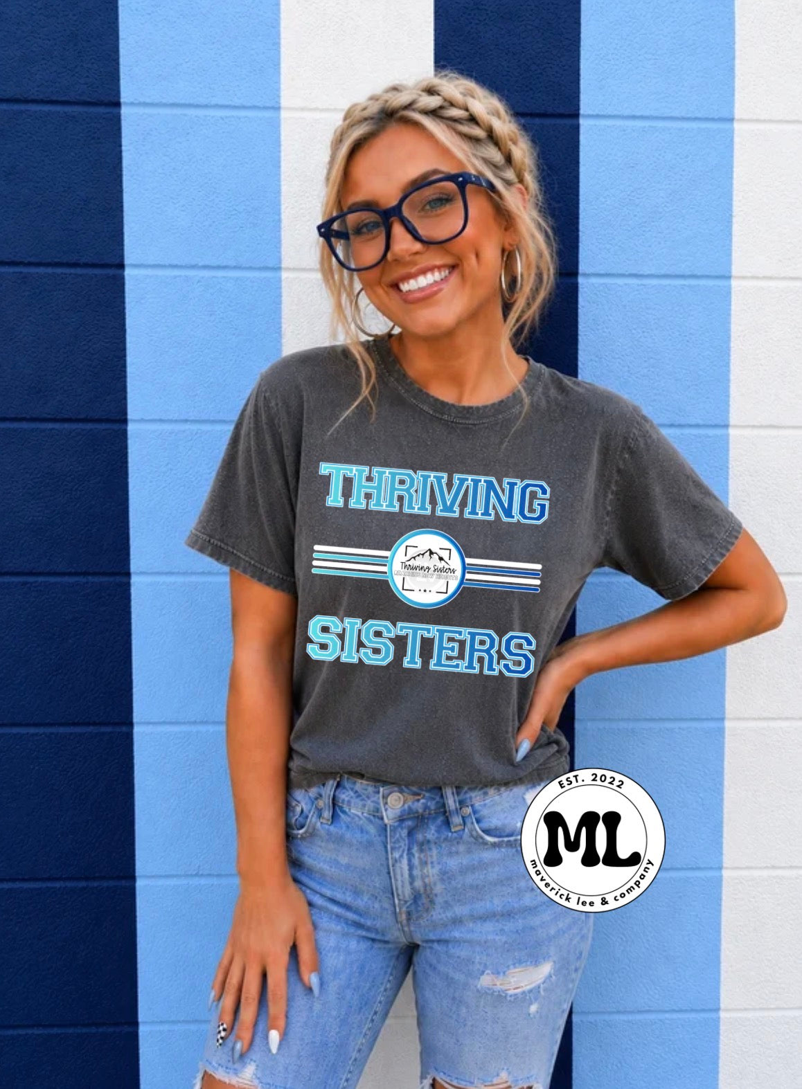 Thriving Sisters blue unisex varsity