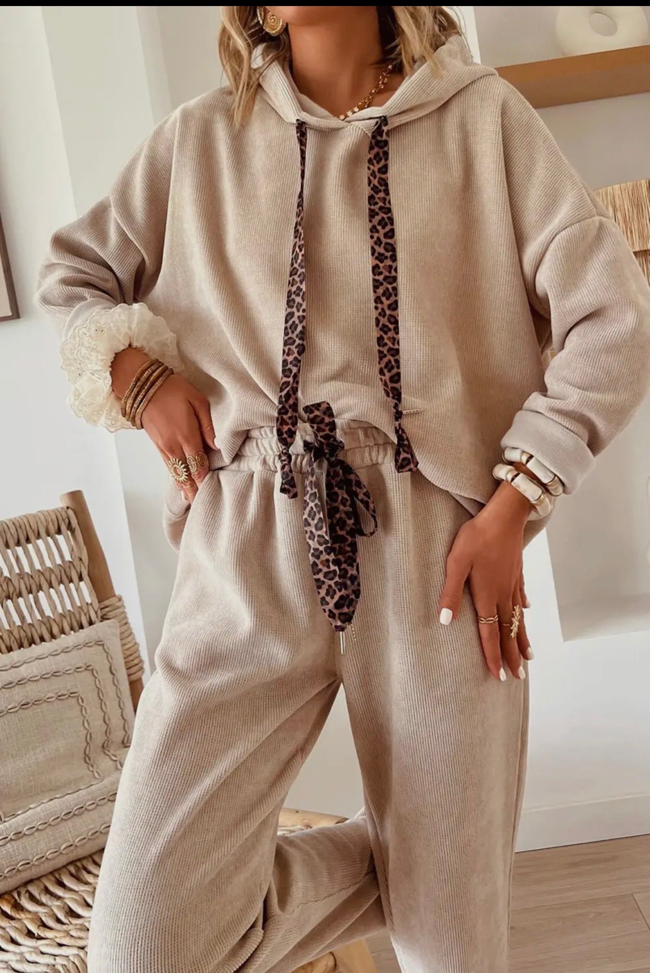 Drawstring Pullover Hoodie and High Waist Pants Corduroy Set