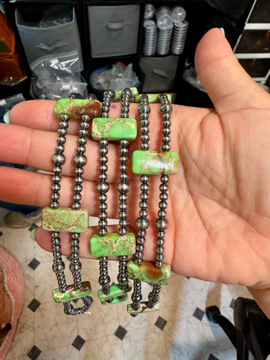 Green Double Strand Necklace – 13” Beaded – Sterling Silver Pearls & Rectangle Variscite