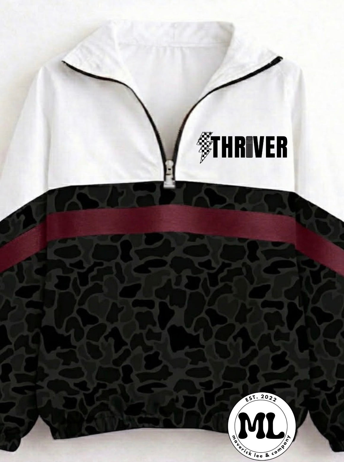 Quarter zip - Thriver bolt- black camo with maroon stripe