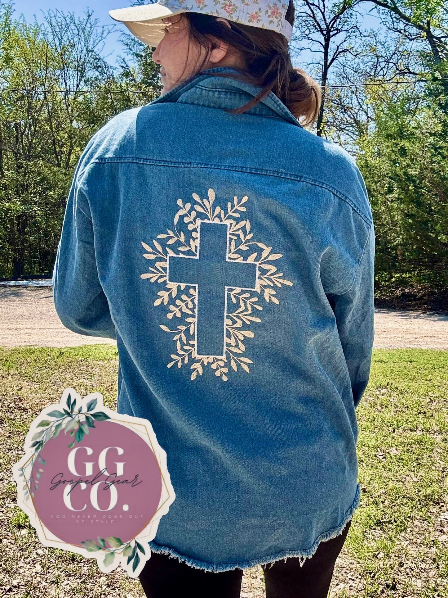 Floral Cross Embroidered Blue Denim Jacket, Embroidered Jacket, Christian Denim Jacket, Christian Gift