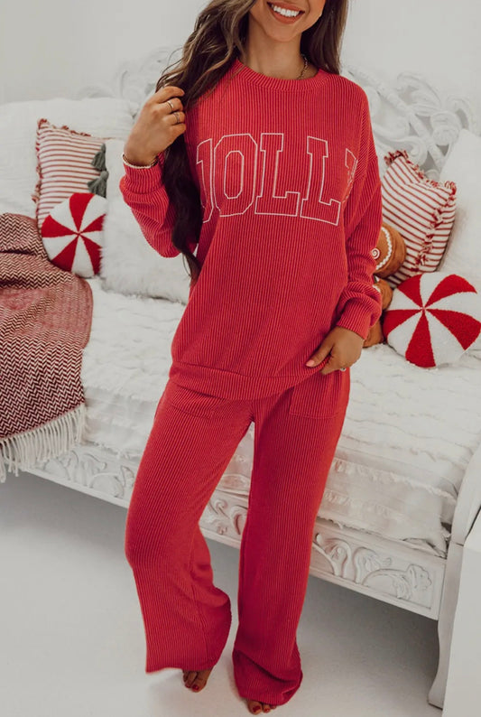 JOLLY Ribbed Knit Long Sleeve Top and Pants Set red