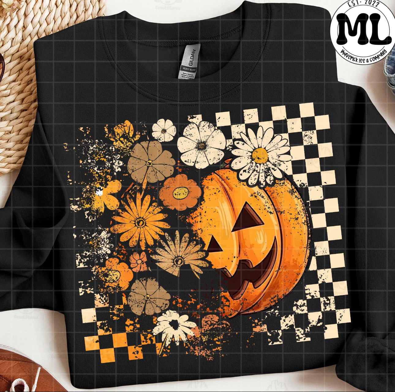 Half pumpkin / half floral with checkers