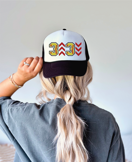 3 Up Softball DTF Printed Black & White Foam Trucker Hat