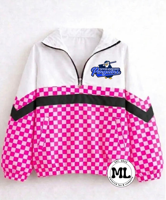Quarter zip - Springboro penguins - pink checkered