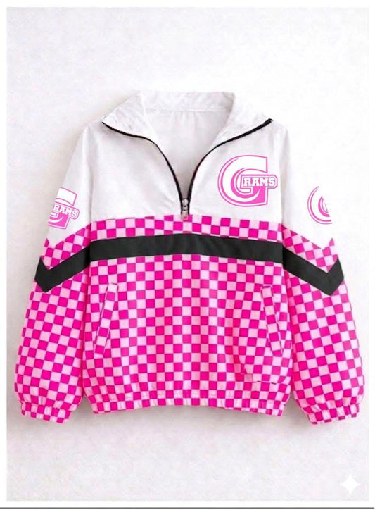 quarter zip – Greeneview Rams - pink checkered bottom and black stripe with pink logo