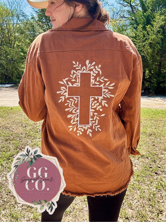 Floral Cross Embroidered Brown Denim Jacket, Embroidered Jacket, Christian Denim Jacket, Christian Gift