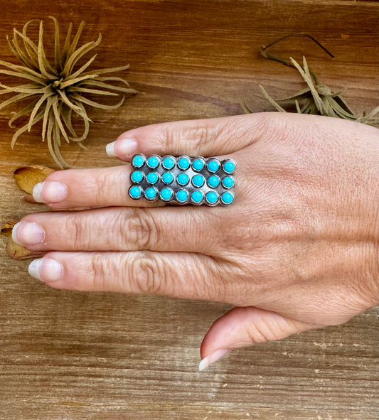 Adjustable Rectangle Ring with 21 Kingman Turquoise – Sterling Silver