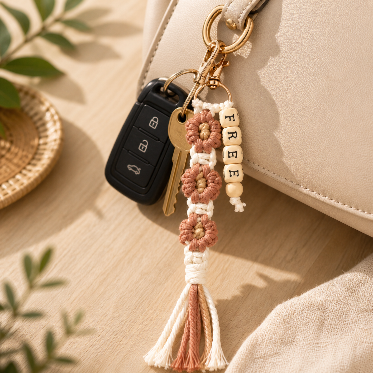 Christian Floral Beaded Keychain - Wooden Beaded Christian Keychain