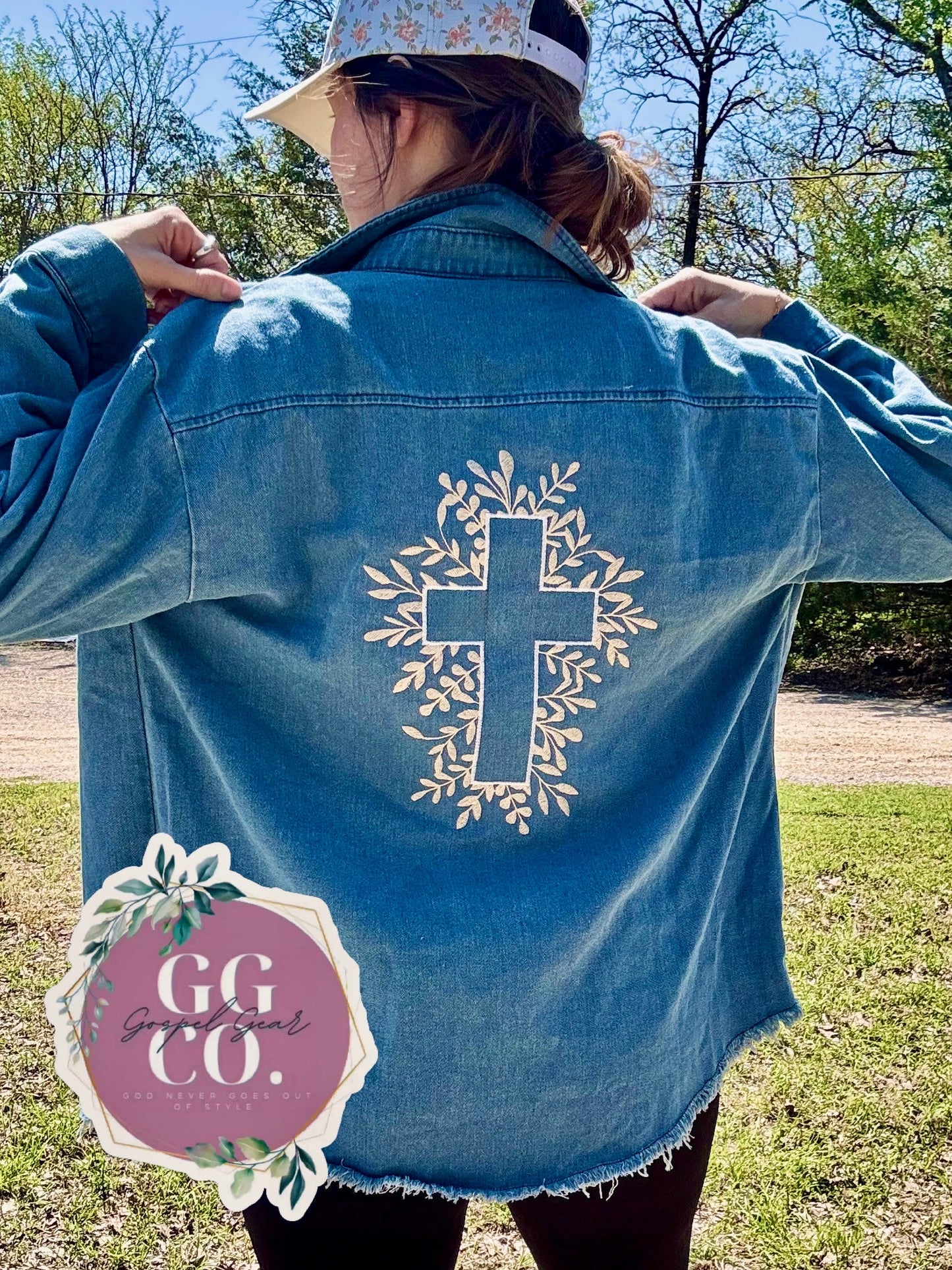 Floral Cross Embroidered Blue Denim Jacket, Embroidered Jacket, Christian Denim Jacket, Christian Gift
